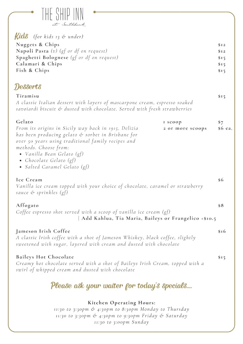 Menu, The Ship Inn
