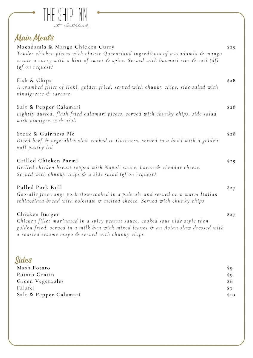 Menu, The Ship Inn