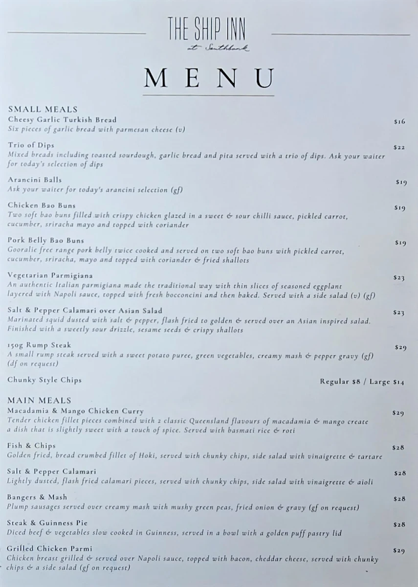Menu, The Ship Inn