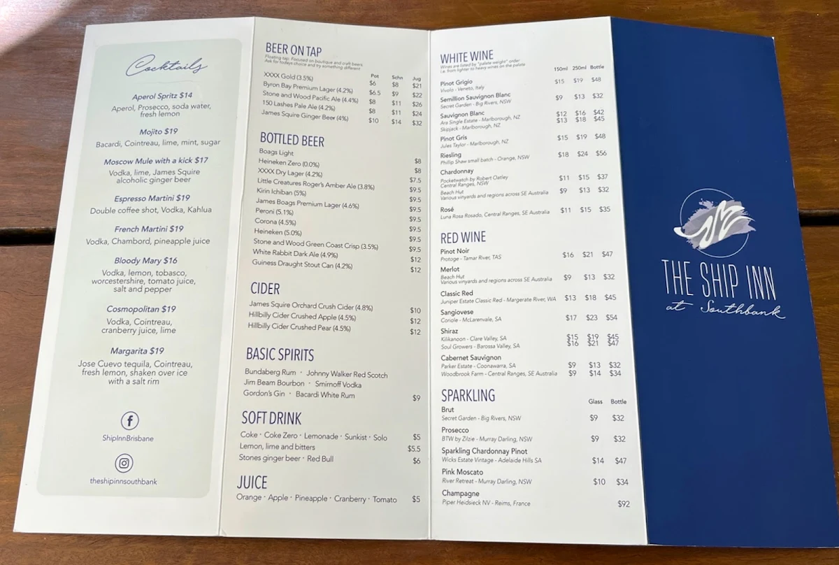 Menu, The Ship Inn