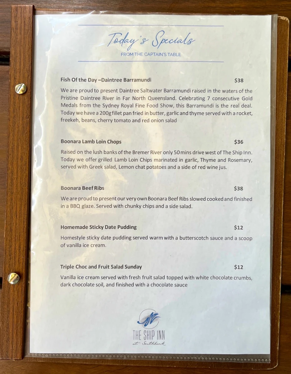 Menu, The Ship Inn