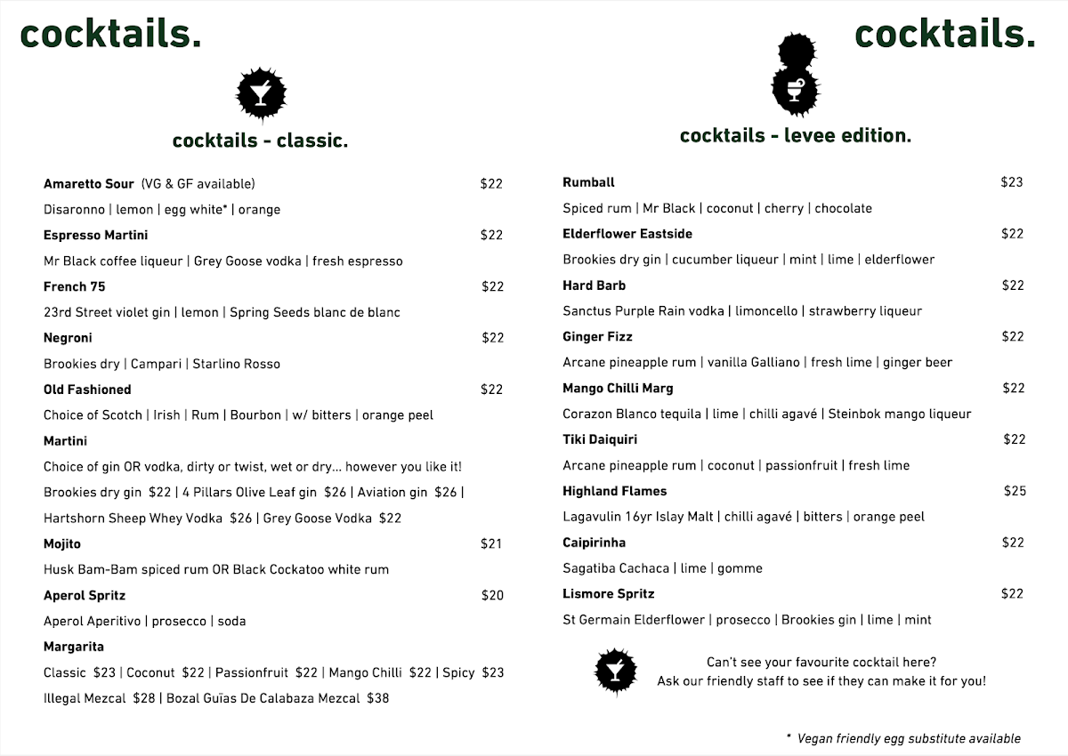 Menu, The Levee Lounge and Bar
