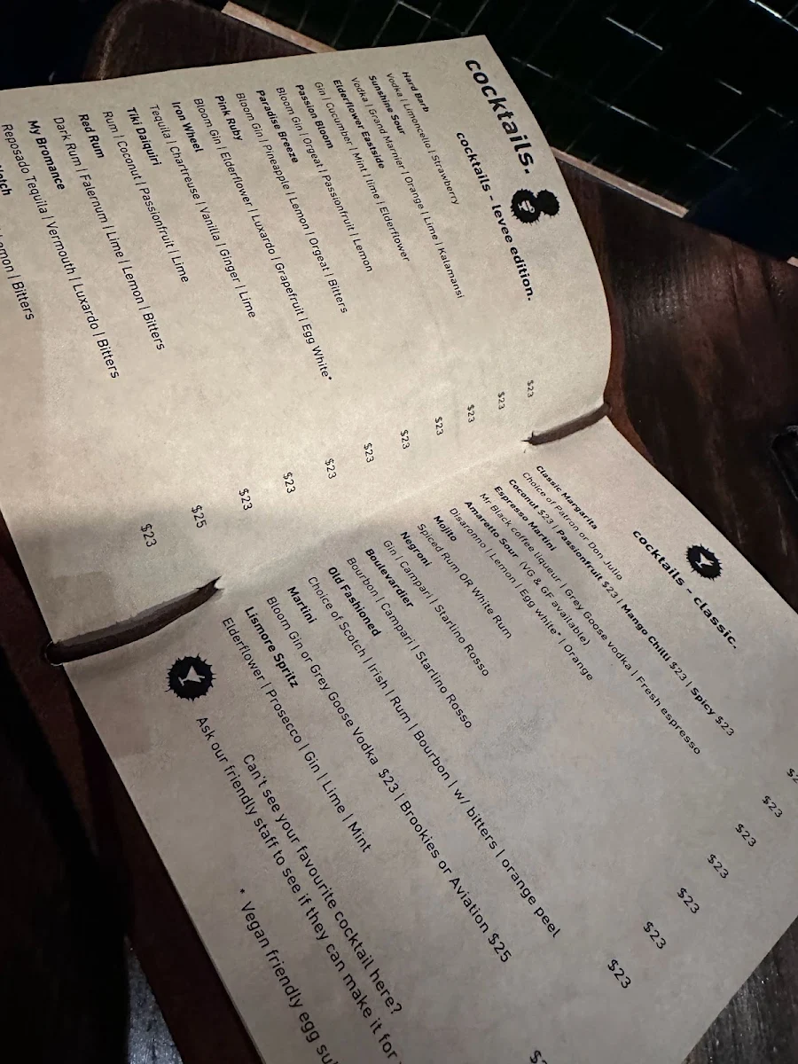 Menu, The Levee Lounge and Bar