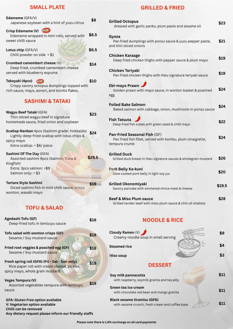 Menu, Ha-Lu Japanese Tapas Restaurant
