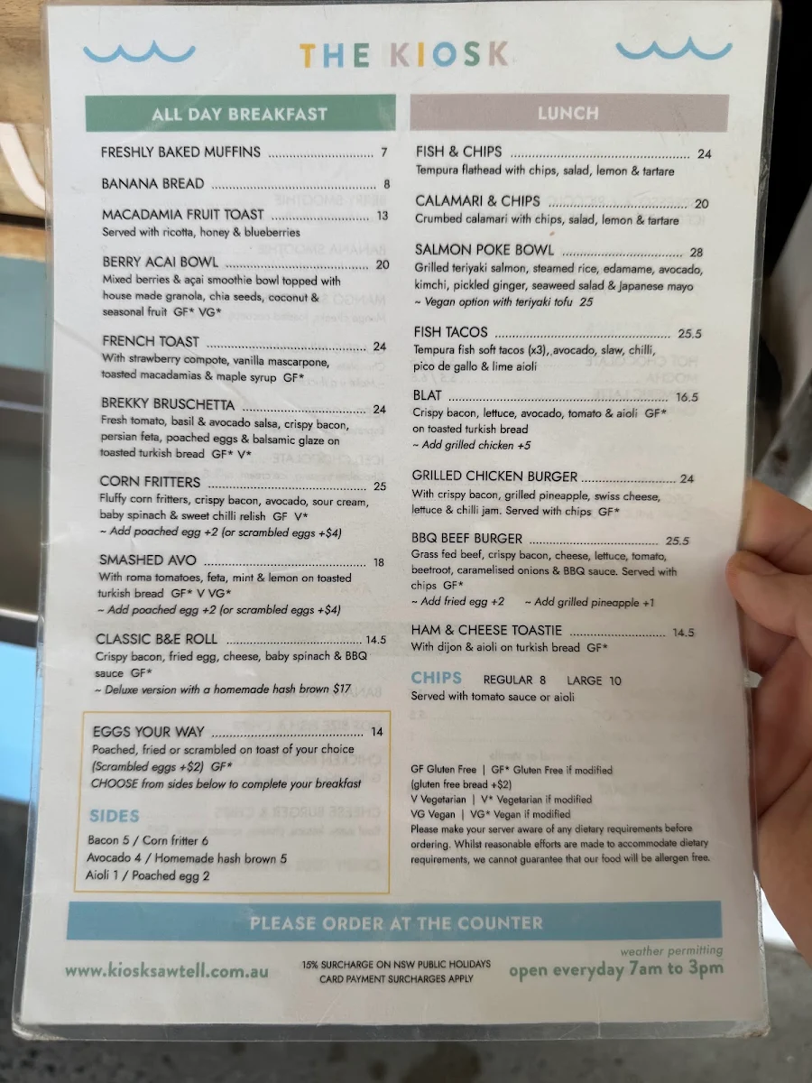 Menu, The Kiosk Sawtell Beach