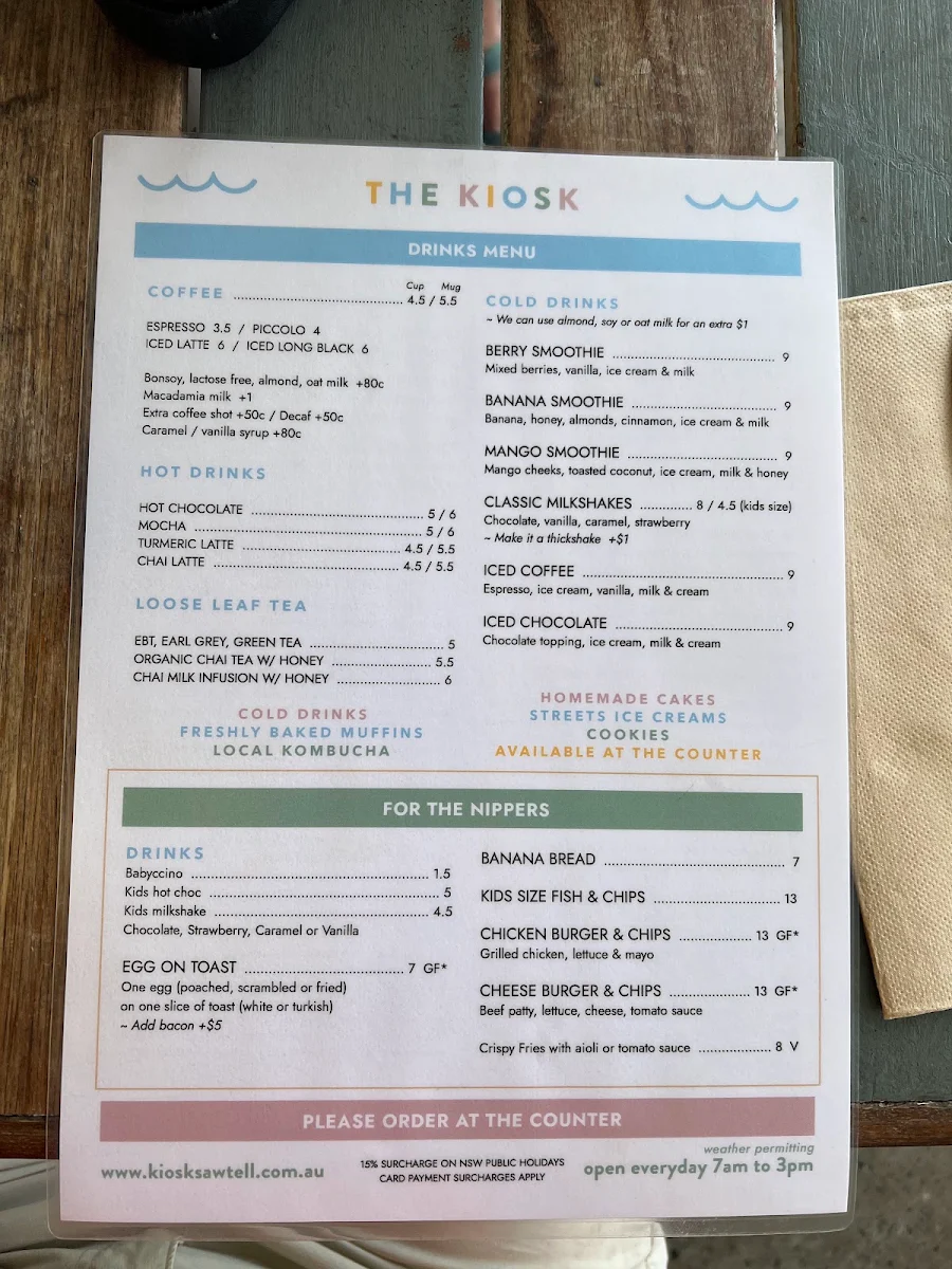 Menu, The Kiosk Sawtell Beach