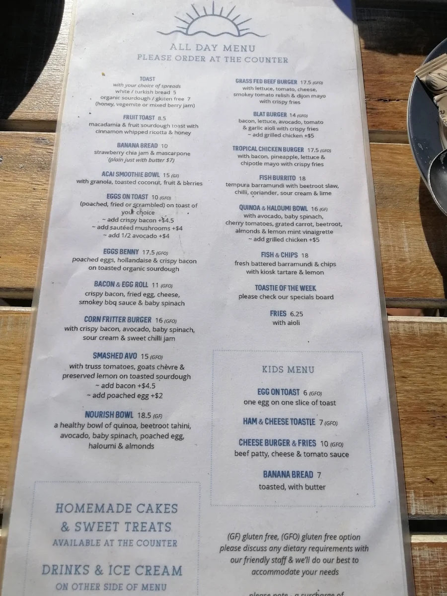 Menu, The Kiosk Sawtell Beach