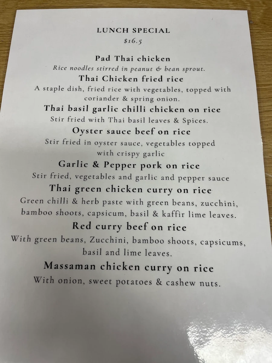 Menu, Real Thai Restaurant