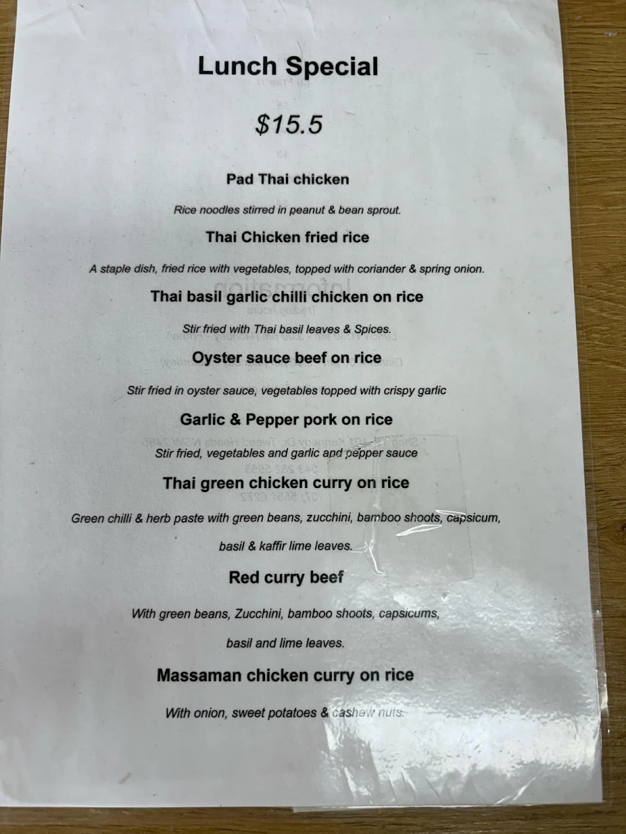Menu, Real Thai Restaurant
