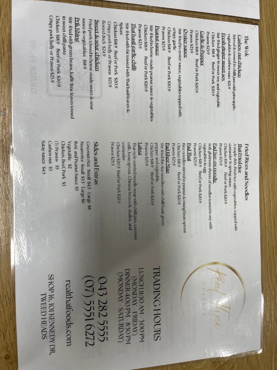 Menu, Real Thai Restaurant
