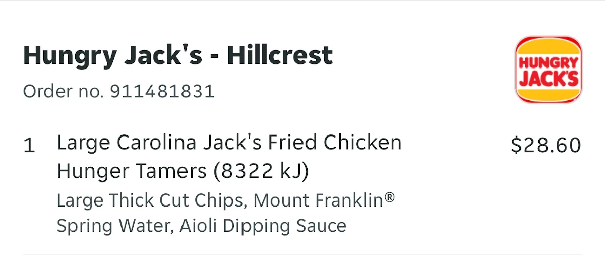 Menu, Hungry Jack's Burgers Hillcrest