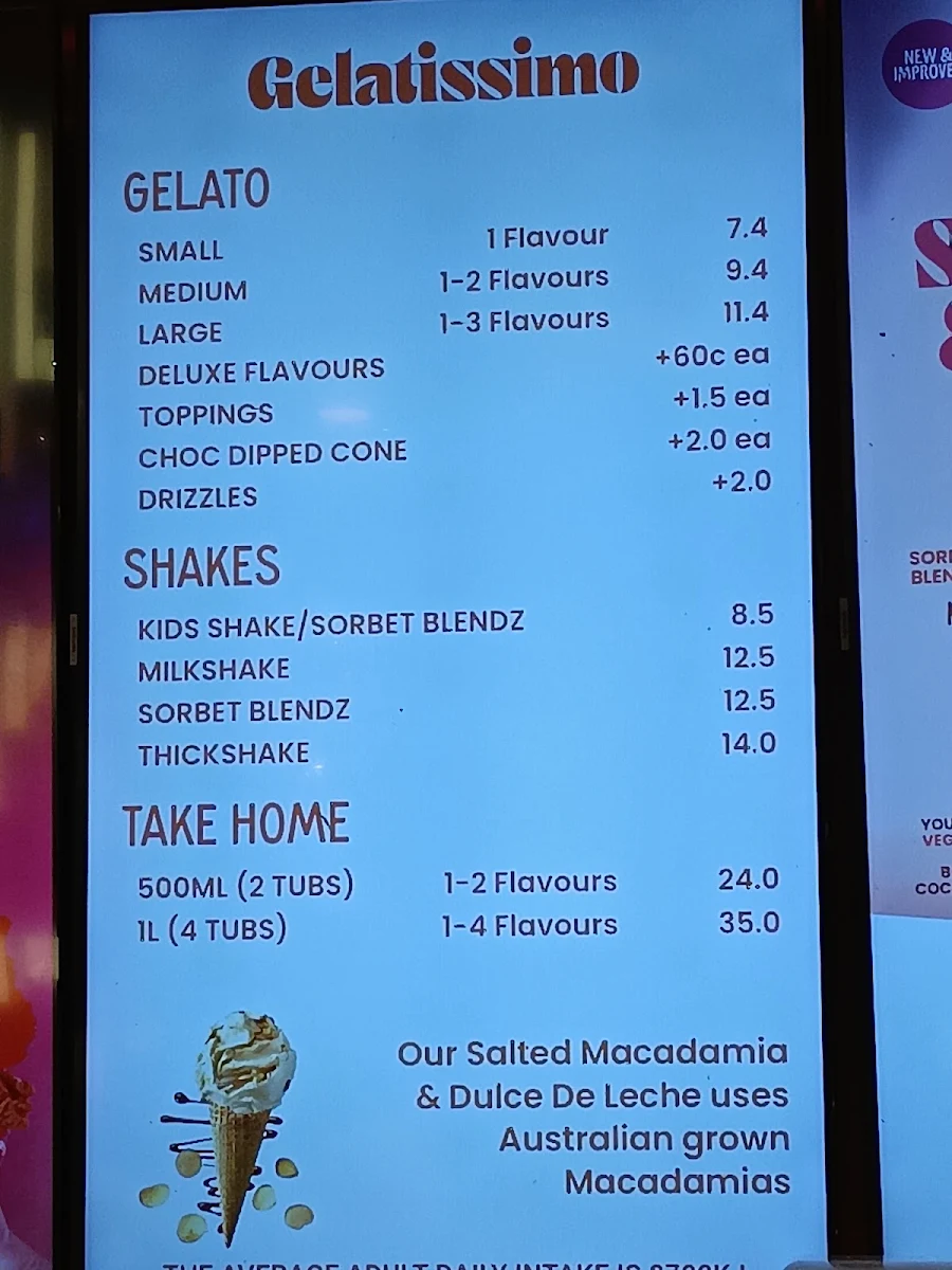 Menu, Gelatissimo Darling Harbour