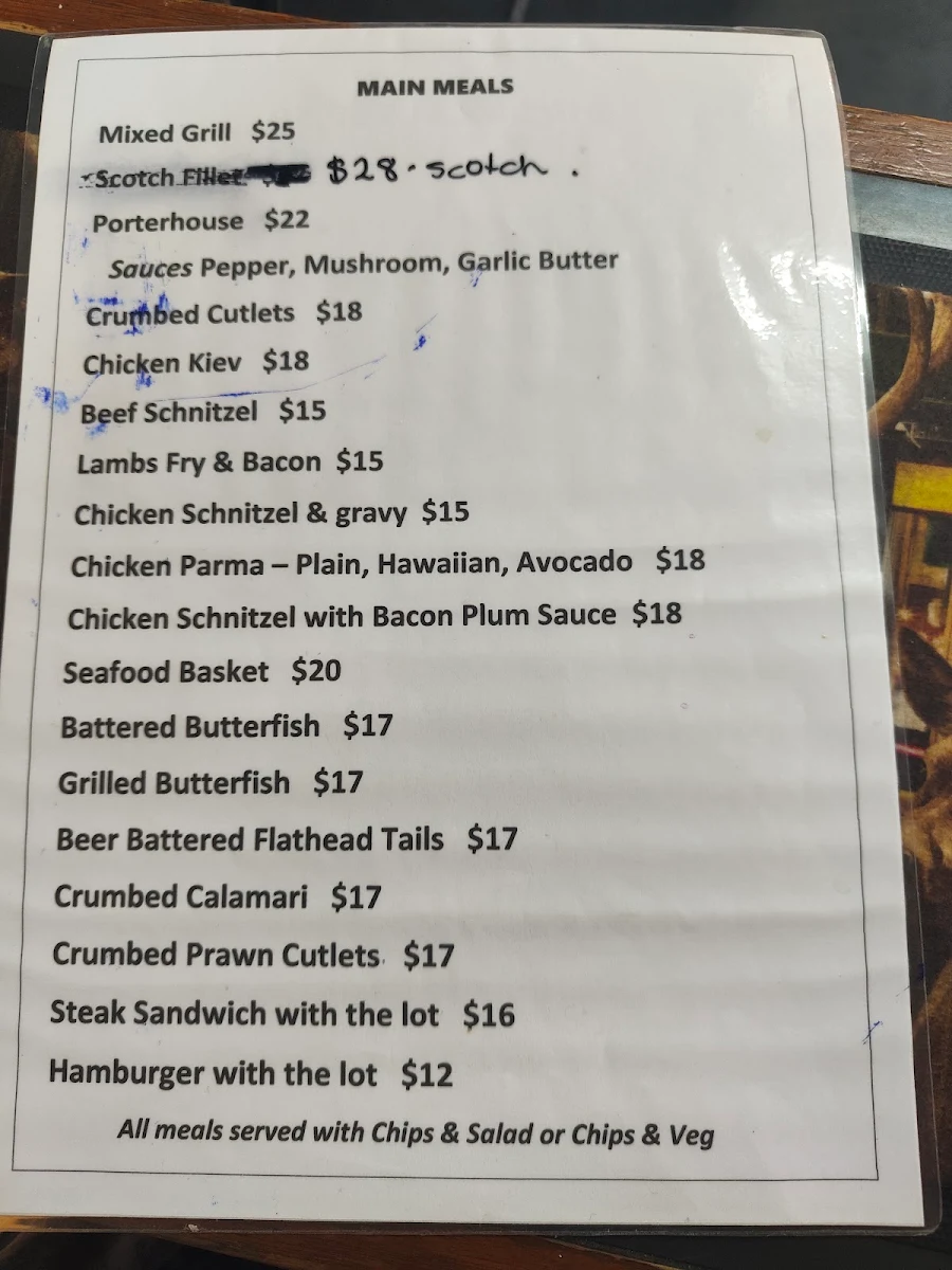 Menu, Mount Jeffcott Hotel