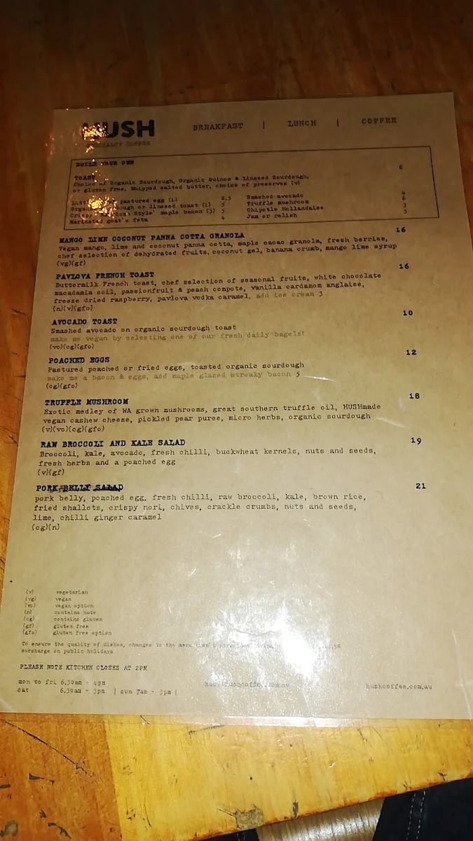 Menu, Hush Specialty Coffee