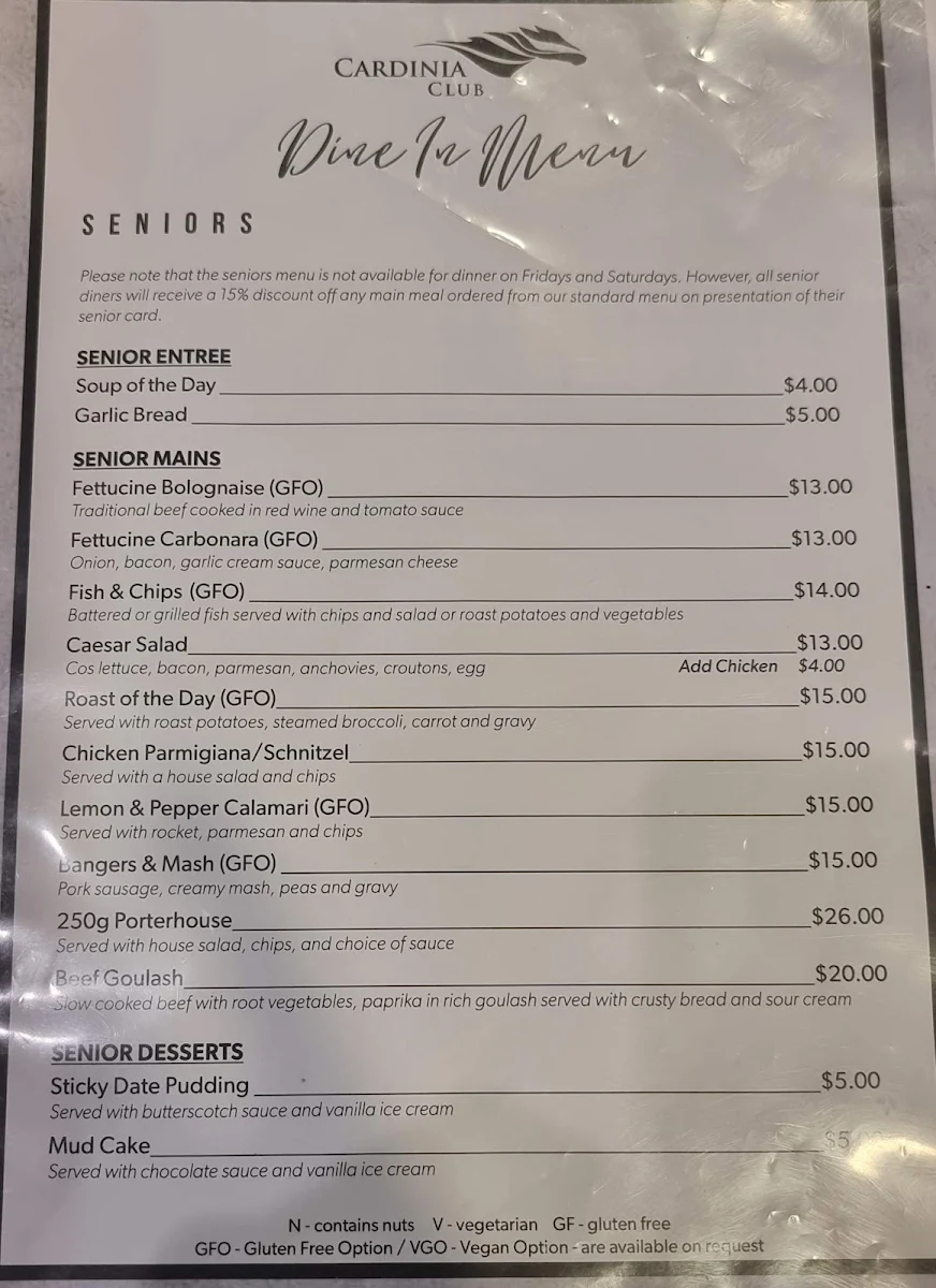Menu, Cardinia Club