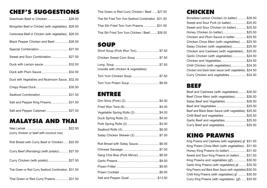 Menu, Jack's Restaurant