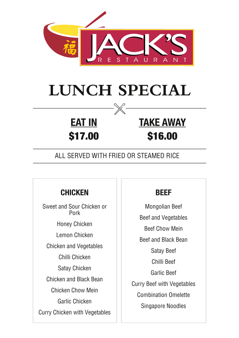 Menu, Jack's Restaurant
