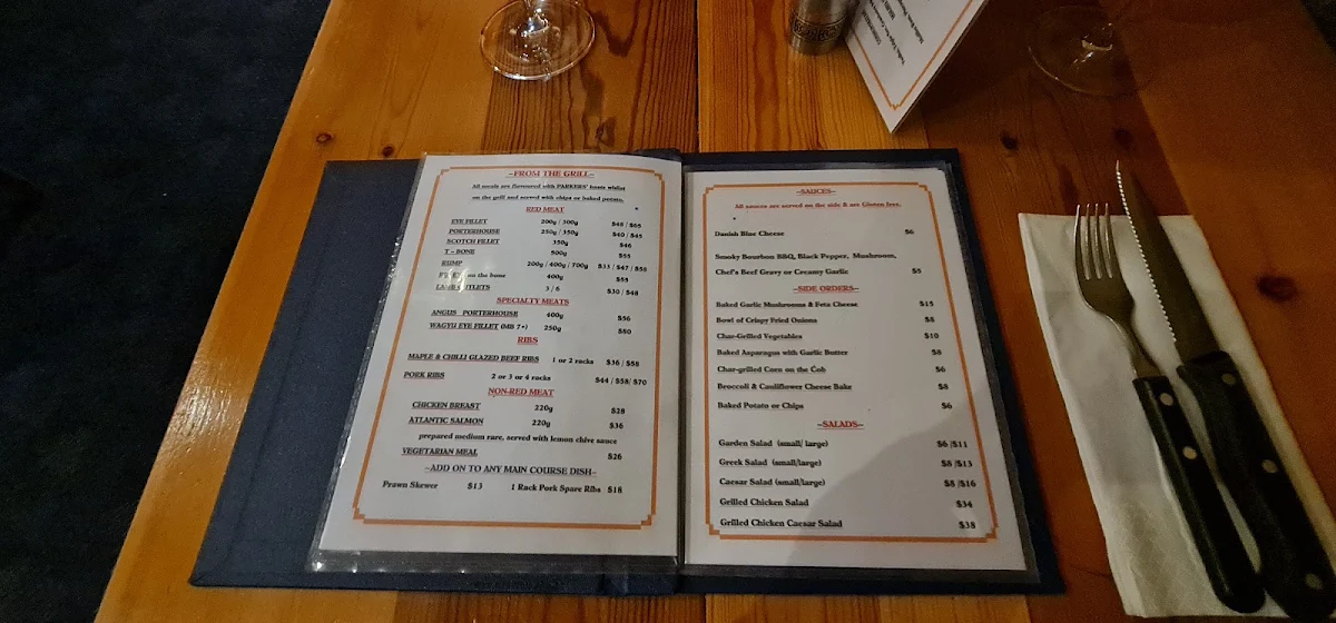 Menu, Parkers Steakhouse