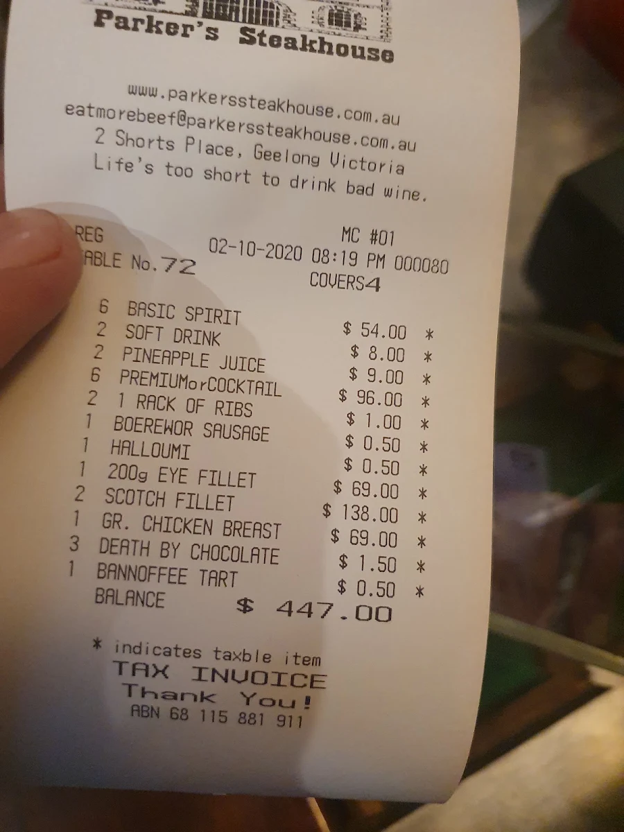 Menu, Parkers Steakhouse