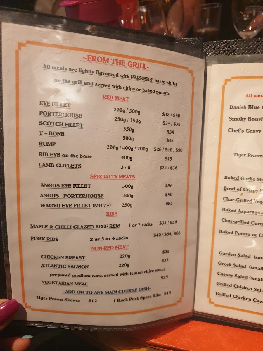 Menu, Parkers Steakhouse