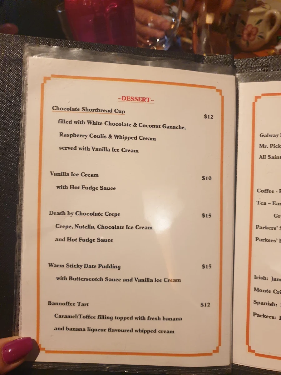 Menu, Parkers Steakhouse