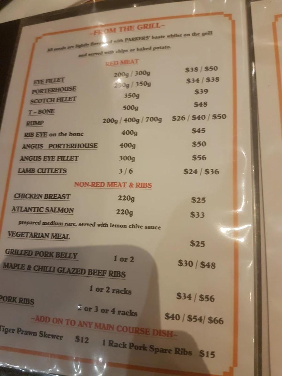 Menu, Parkers Steakhouse