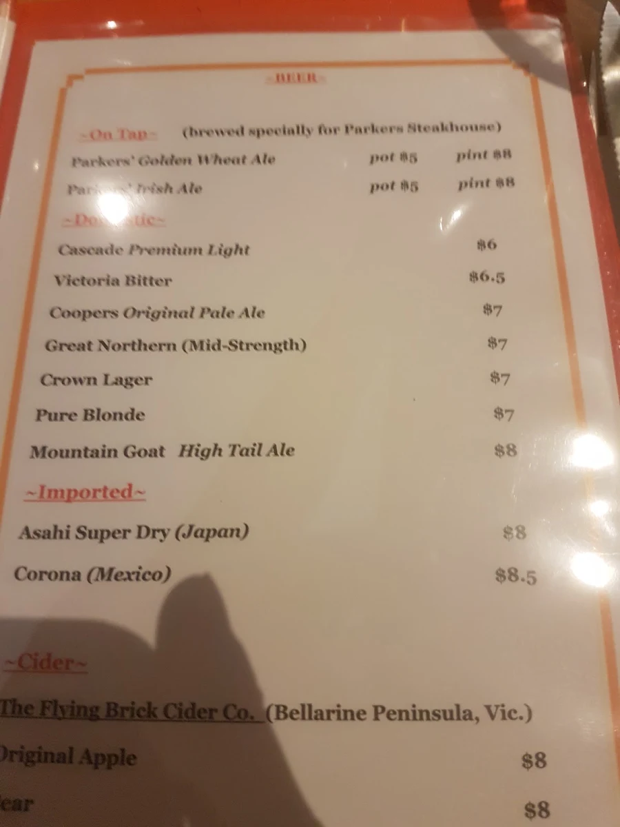 Menu, Parkers Steakhouse