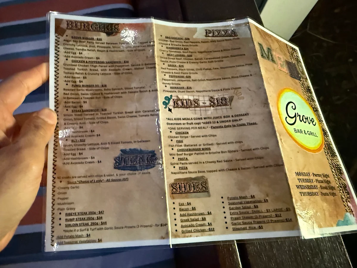 Menu, The Grove Bar & Grill