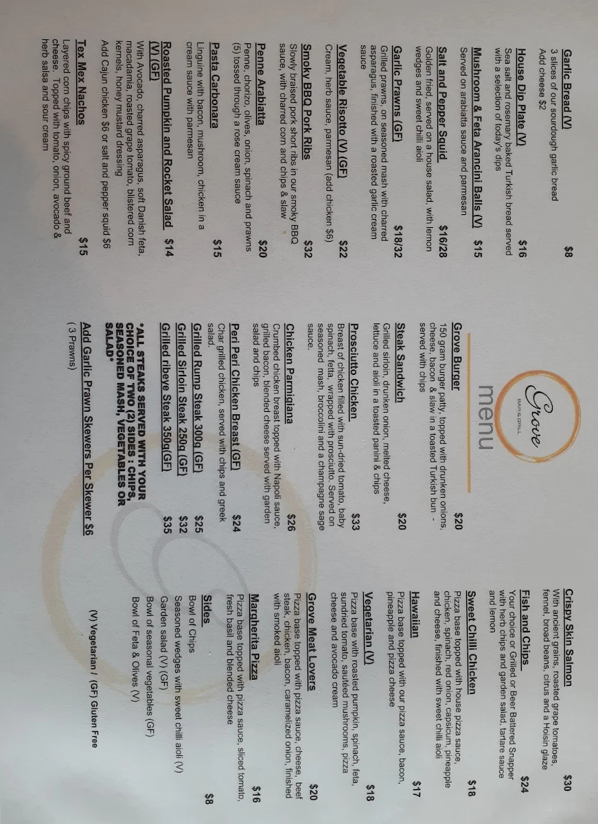 Menu, The Grove Bar & Grill