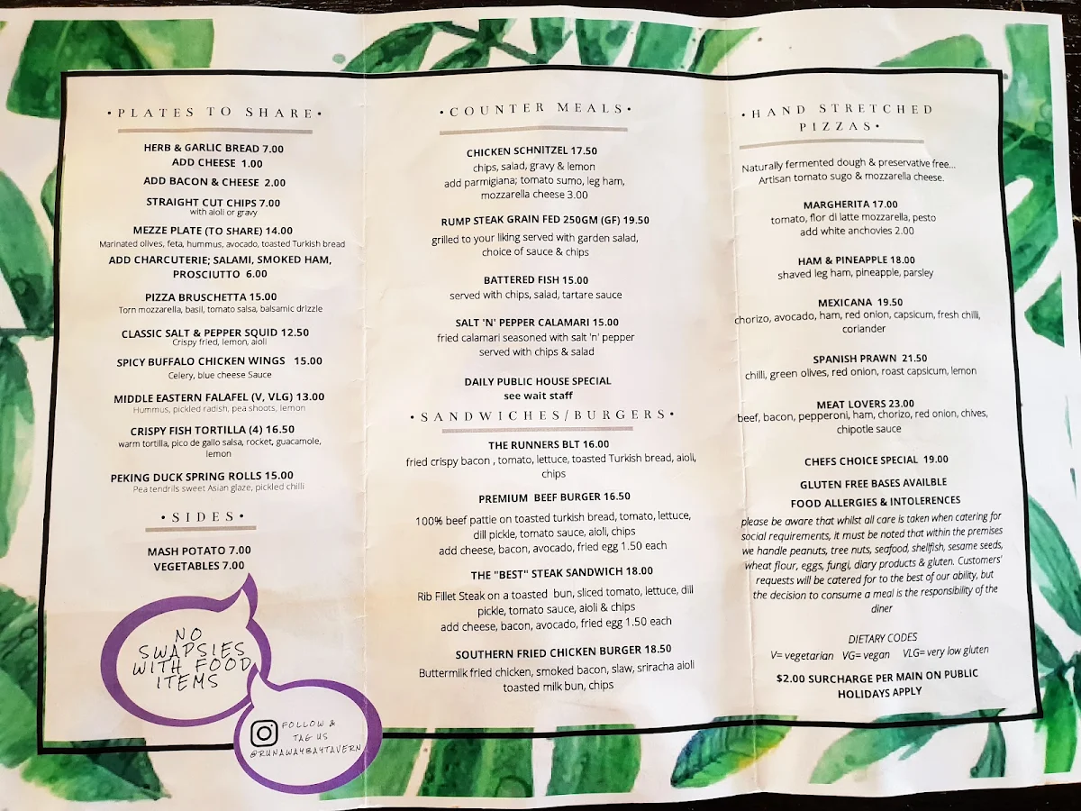 Menu, Runaway Bay Tavern