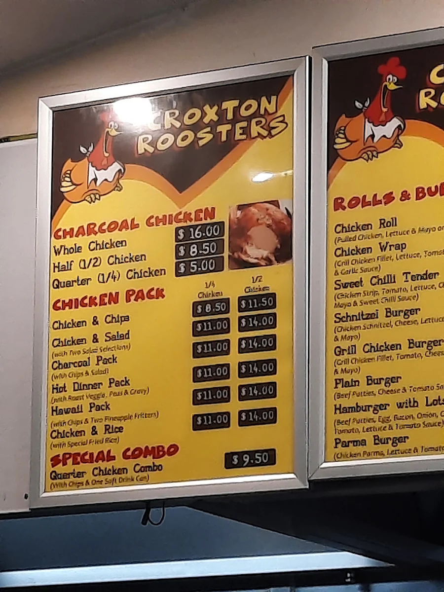 Menu, Croxton Roosters Charcoal Chicken