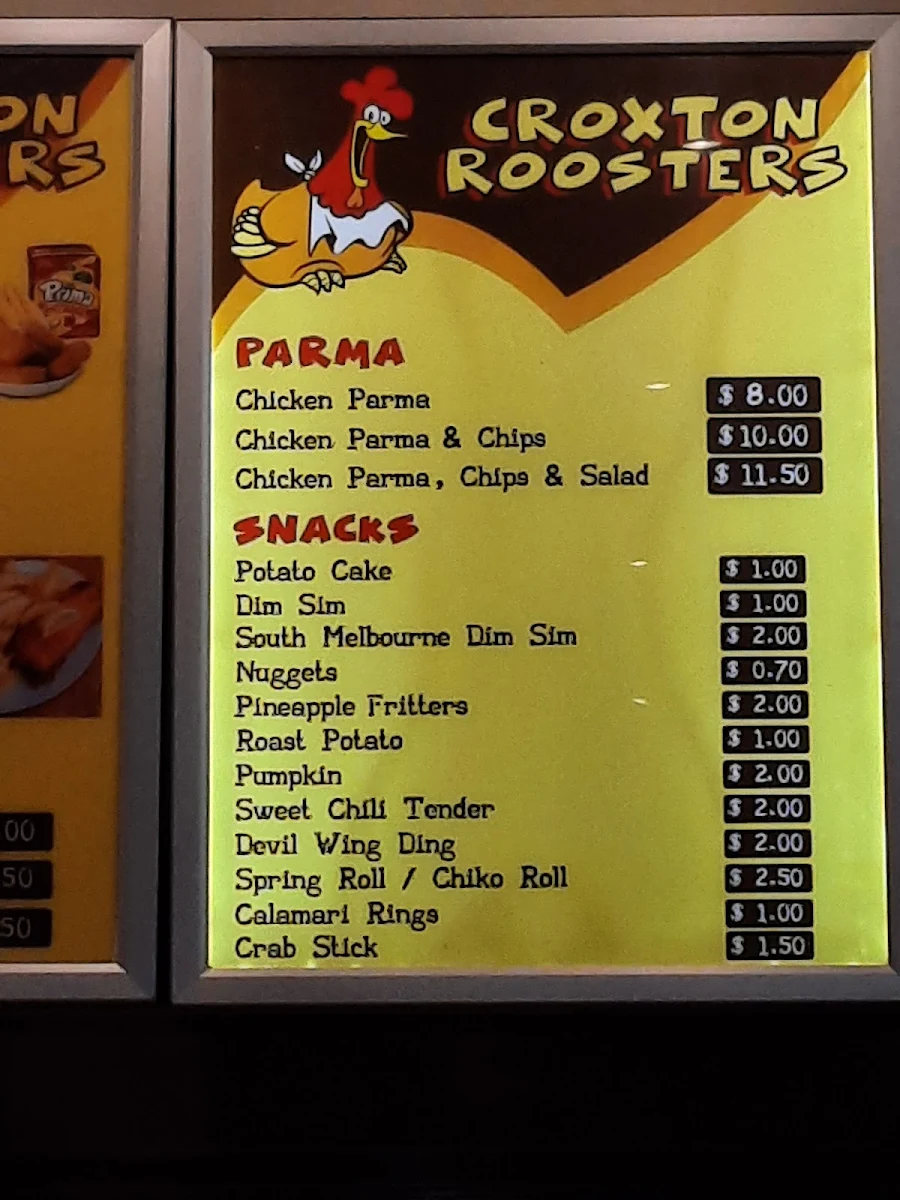 Menu, Croxton Roosters Charcoal Chicken