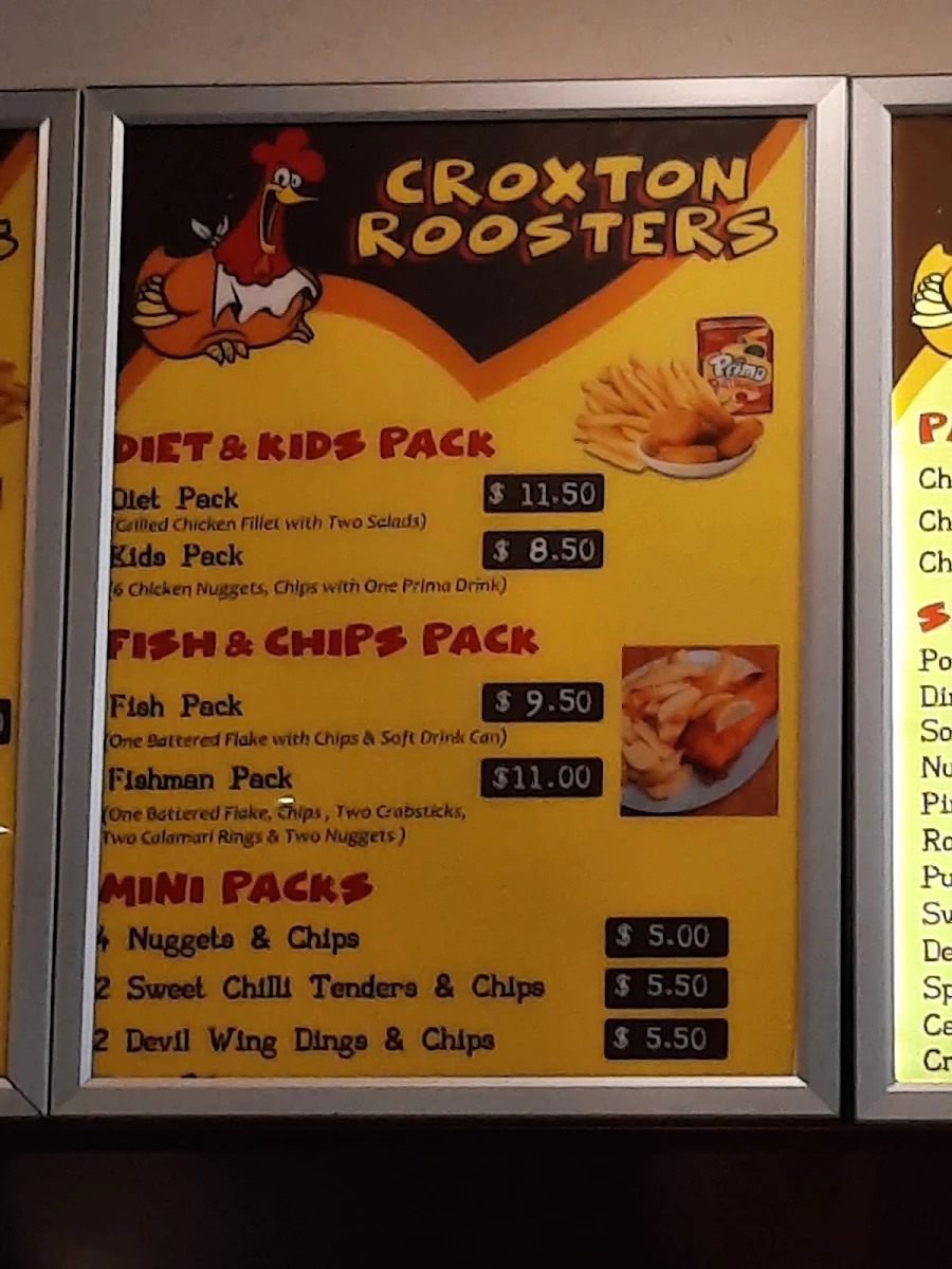 Menu, Croxton Roosters Charcoal Chicken
