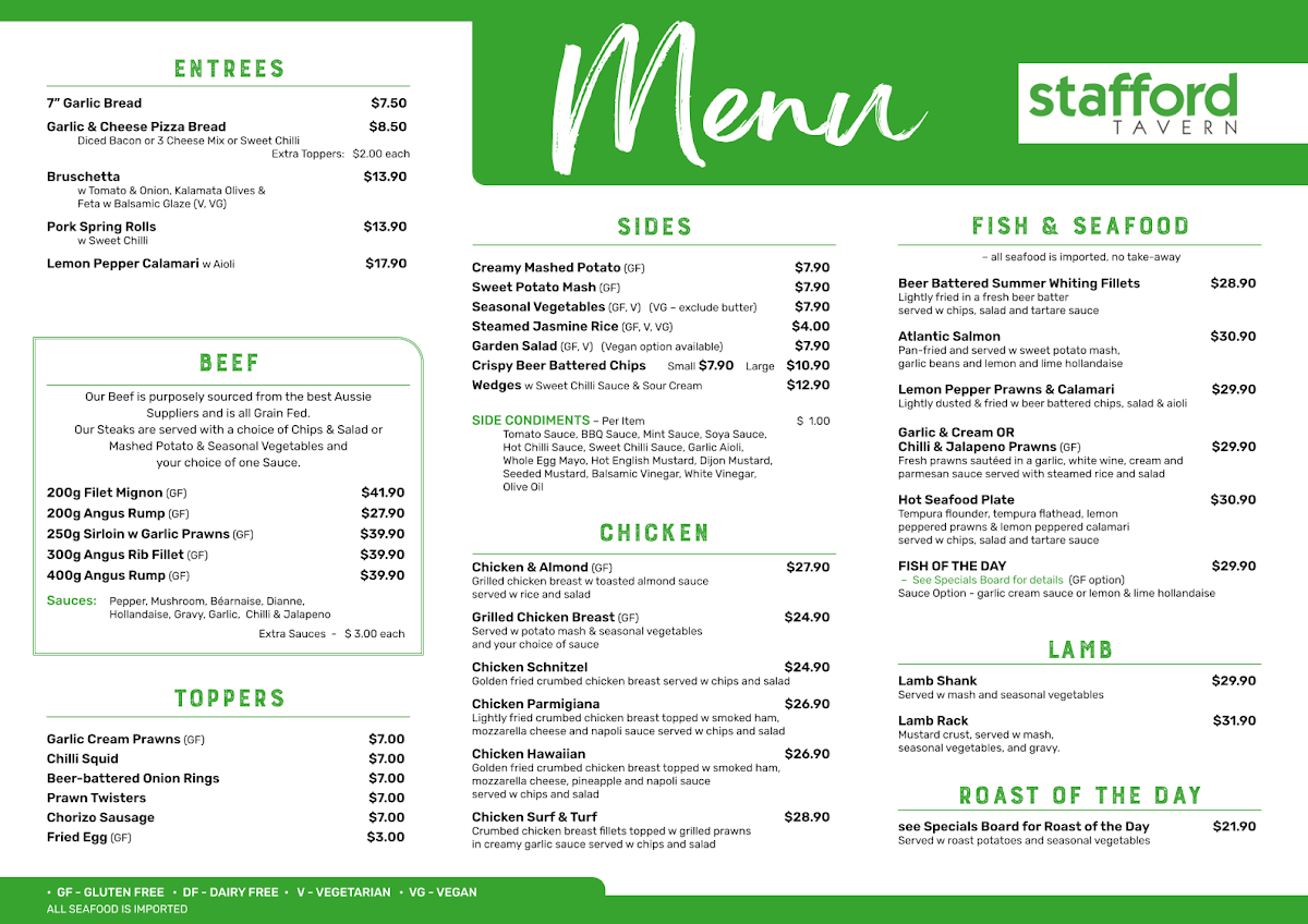 Menu, Stafford Tavern