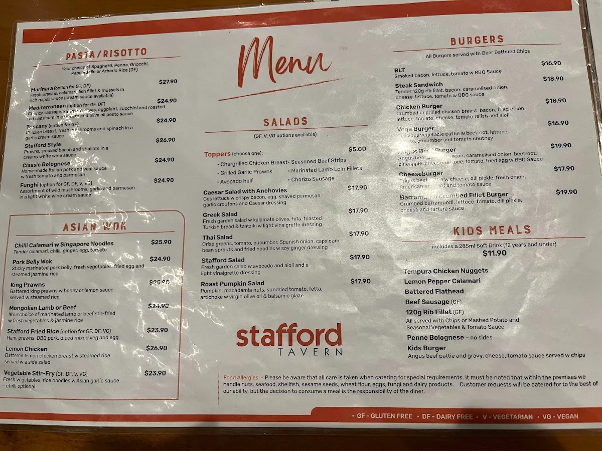 Menu, Stafford Tavern
