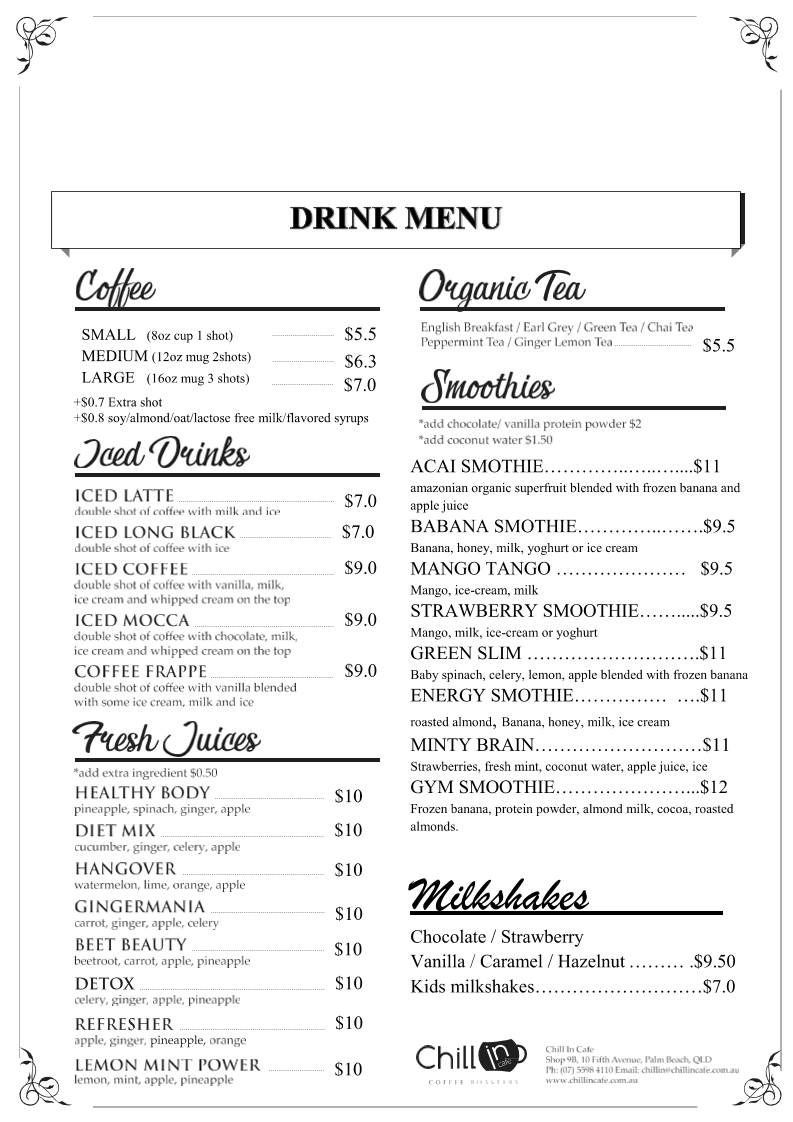 Menu, Chill In Cafe