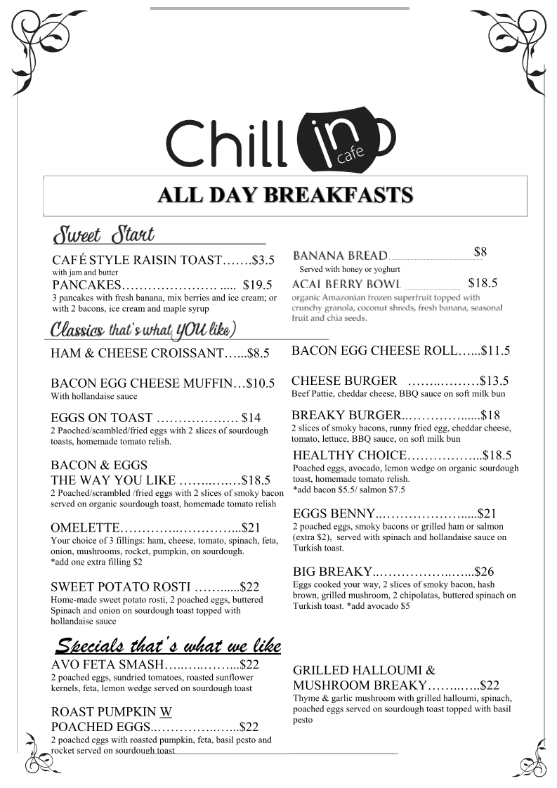 Menu, Chill In Cafe