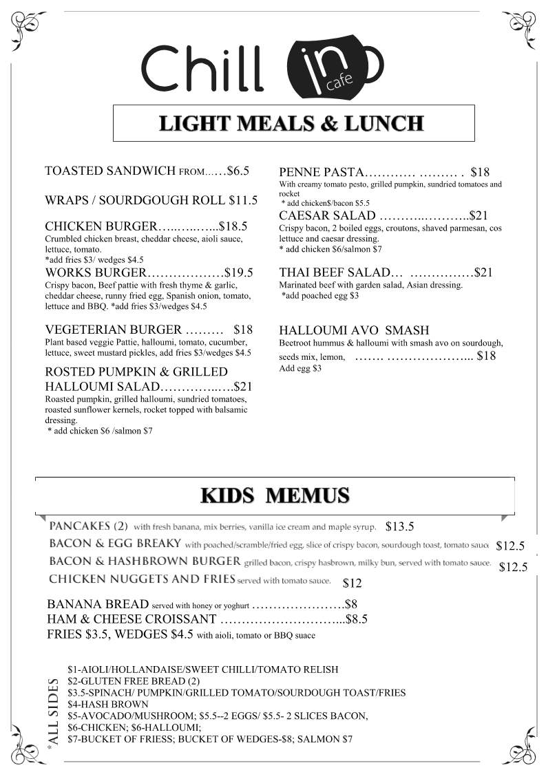 Menu, Chill In Cafe