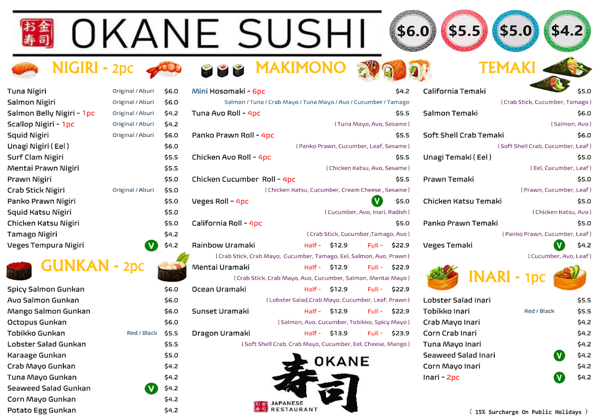 Menu, OKANE SUSHI