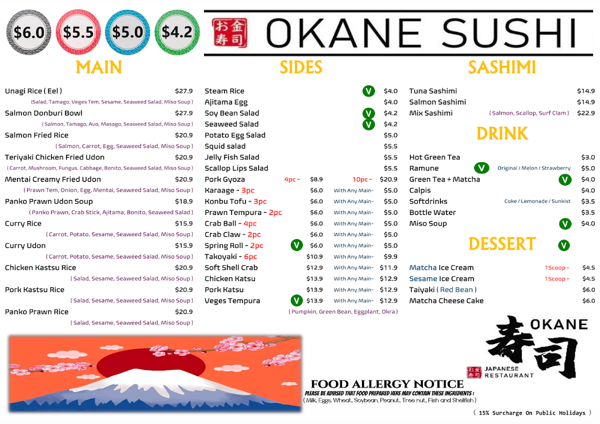 Menu, OKANE SUSHI