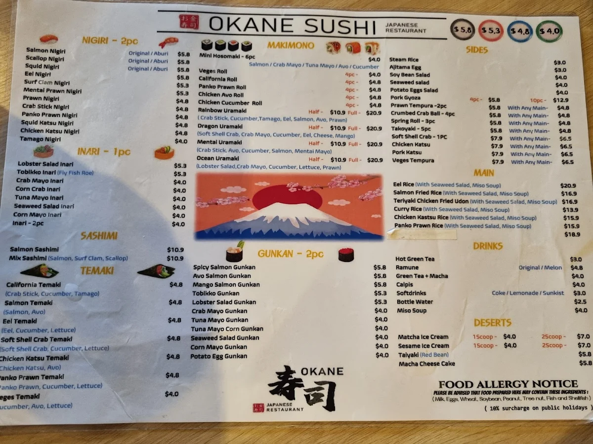 Menu, OKANE SUSHI