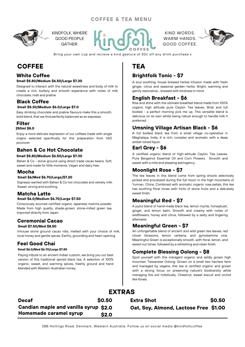 Menu, Kindfolk Coffee