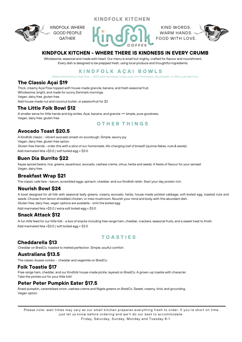 Menu, Kindfolk Coffee