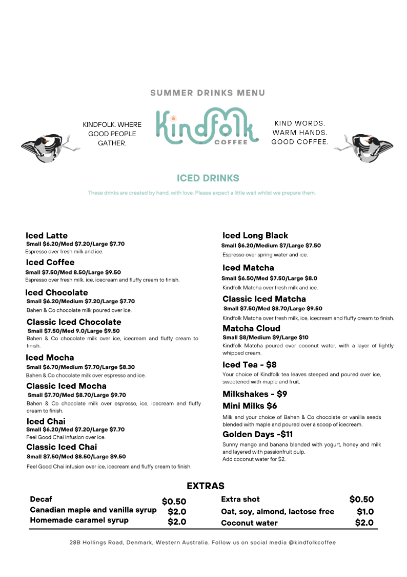 Menu, Kindfolk Coffee