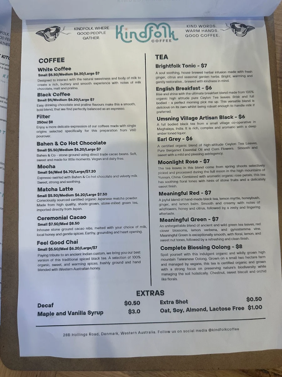 Menu, Kindfolk Coffee