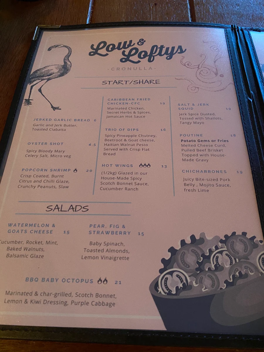 Menu, Low And Lofty's Cocktail Bar & BBQ Restaurant Cronulla