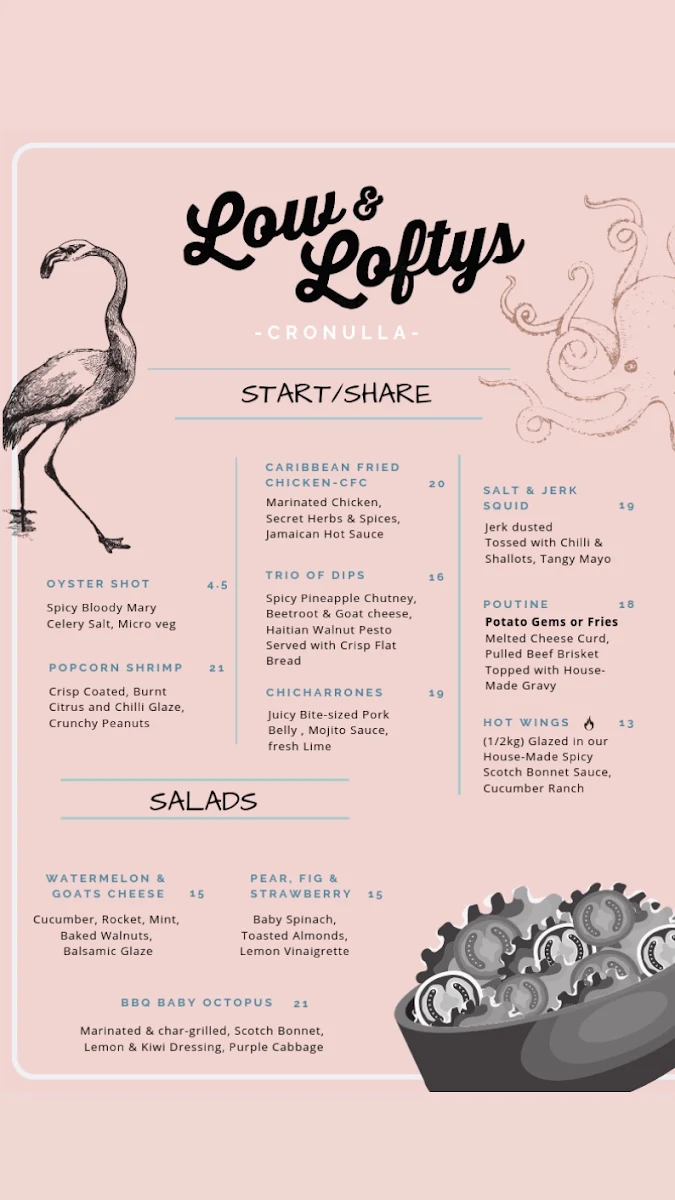 Menu, Low And Lofty's Cocktail Bar & BBQ Restaurant Cronulla