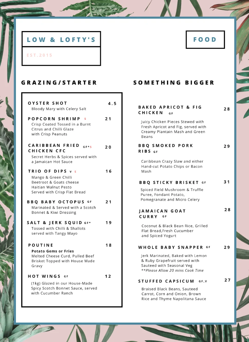 Menu, Low And Lofty's Cocktail Bar & BBQ Restaurant Cronulla