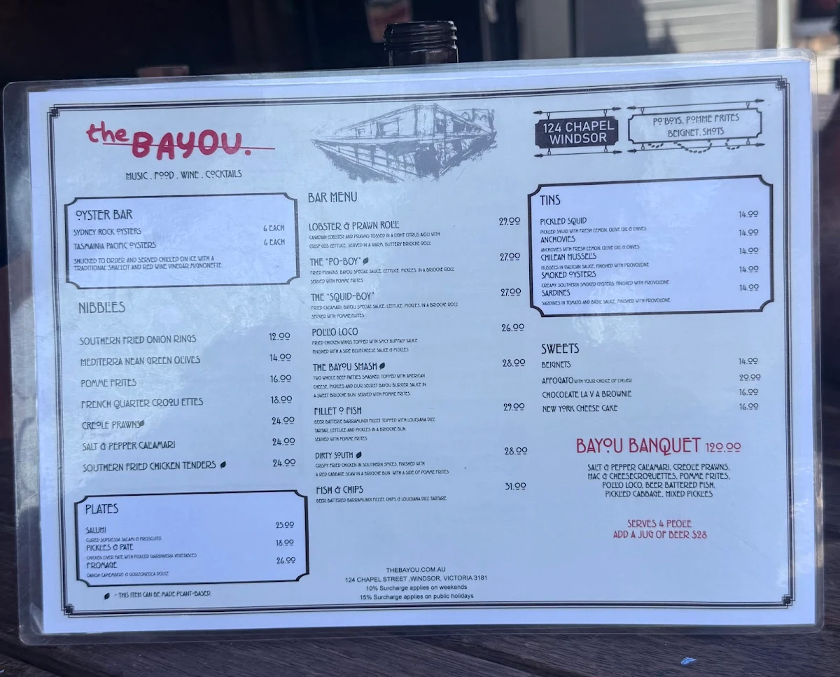 Menu, The Bayou