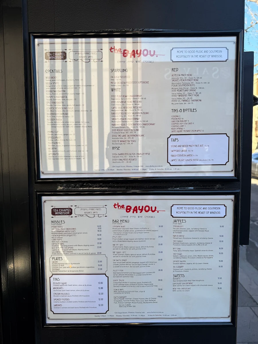 Menu, The Bayou